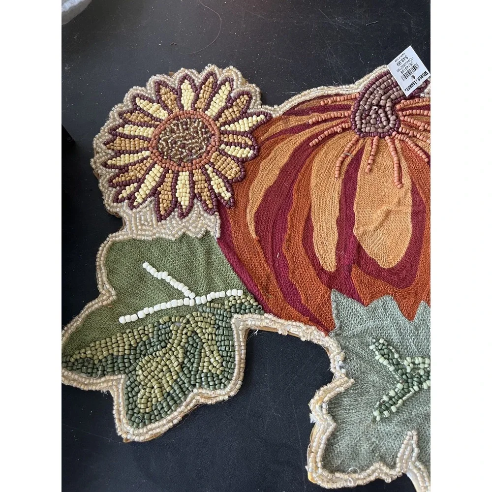 World Market Beaded Harvest Table Runner Fall Pumpkins Earthy Neutral Floral New